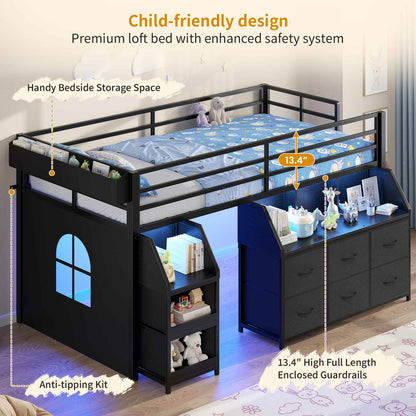 ADORNEVE | Low Loft Bed Twin Size with Storage and Open Bookshelf LED Loft Bed for Kids with 6 Fabric Drawers and Full-Length Guardrail Under-Bed Fun Space
