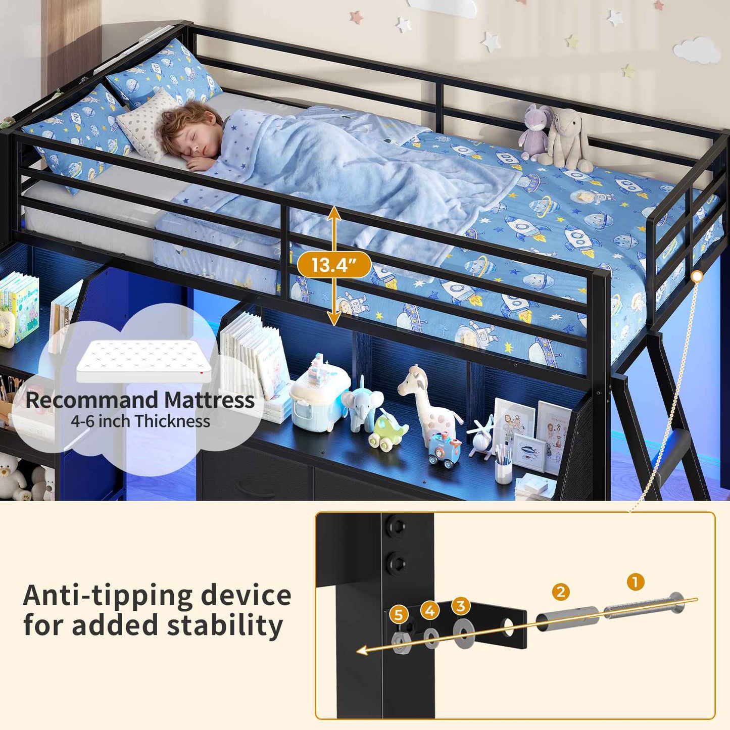 ADORNEVE | Low Loft Bed Twin Size with Storage and Open Bookshelf LED Loft Bed for Kids with 6 Fabric Drawers and Full-Length Guardrail Under-Bed Fun Space