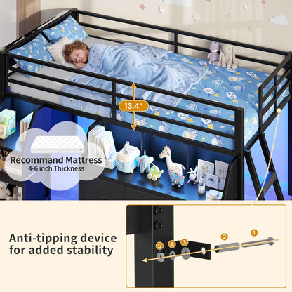 ADORNEVE | Low Loft Bed Twin Size with Storage and Open Bookshelf LED Loft Bed for Kids with 6 Fabric Drawers and Full-Length Guardrail Under-Bed Fun Space
