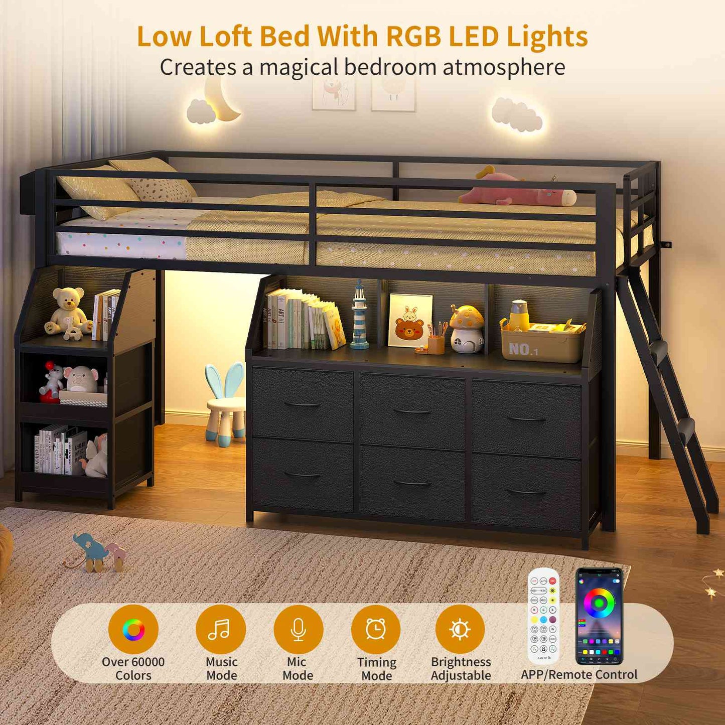 ADORNEVE | Low Loft Bed Twin Size with Storage and Open Bookshelf LED Loft Bed for Kids with 6 Fabric Drawers and Full-Length Guardrail Under-Bed Fun Space