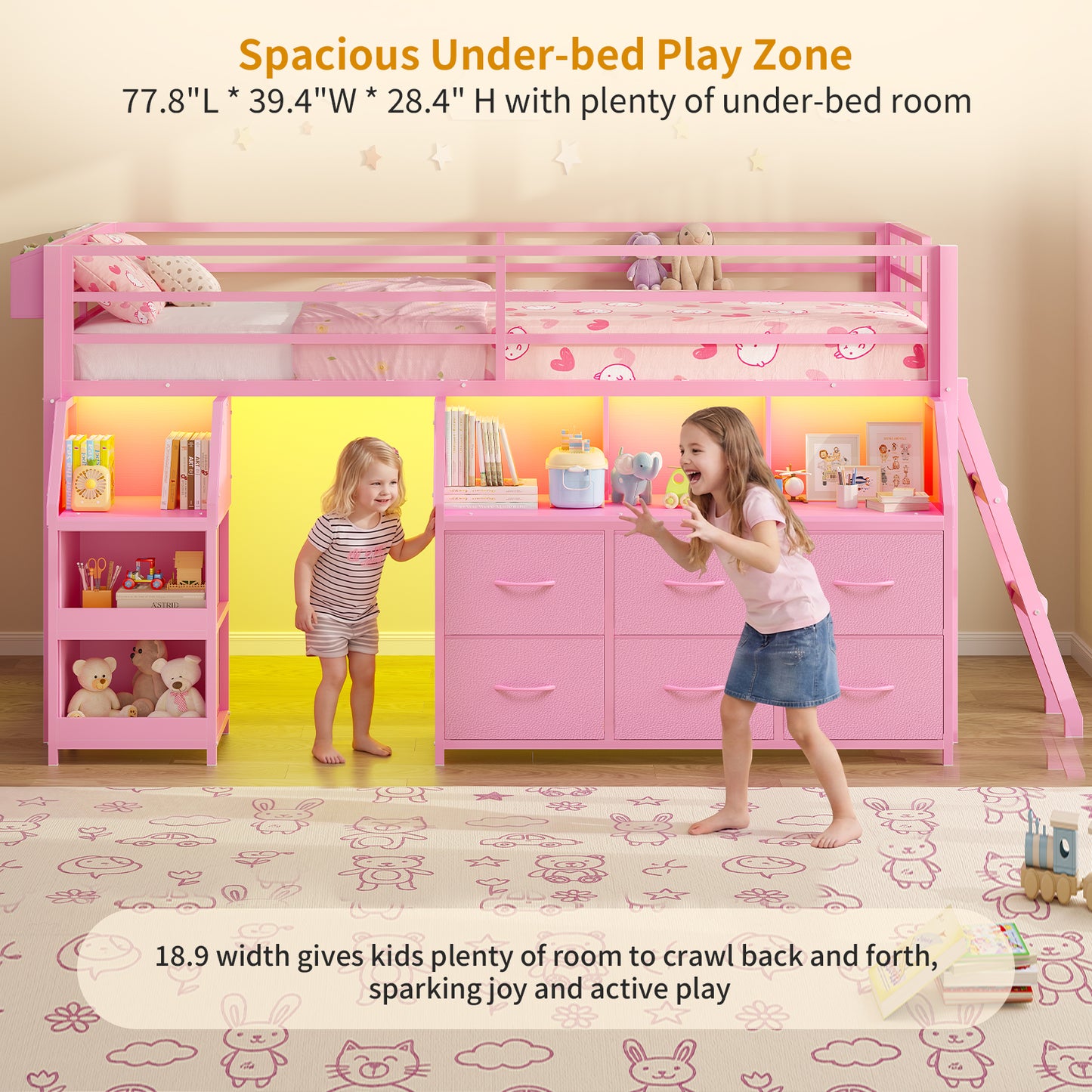 ADORNEVE | Low Loft Bed Twin Size with Storage and Open Bookshelf LED Loft Bed for Kids with 6 Fabric Drawers and Full-Length Guardrail Under-Bed Fun Space