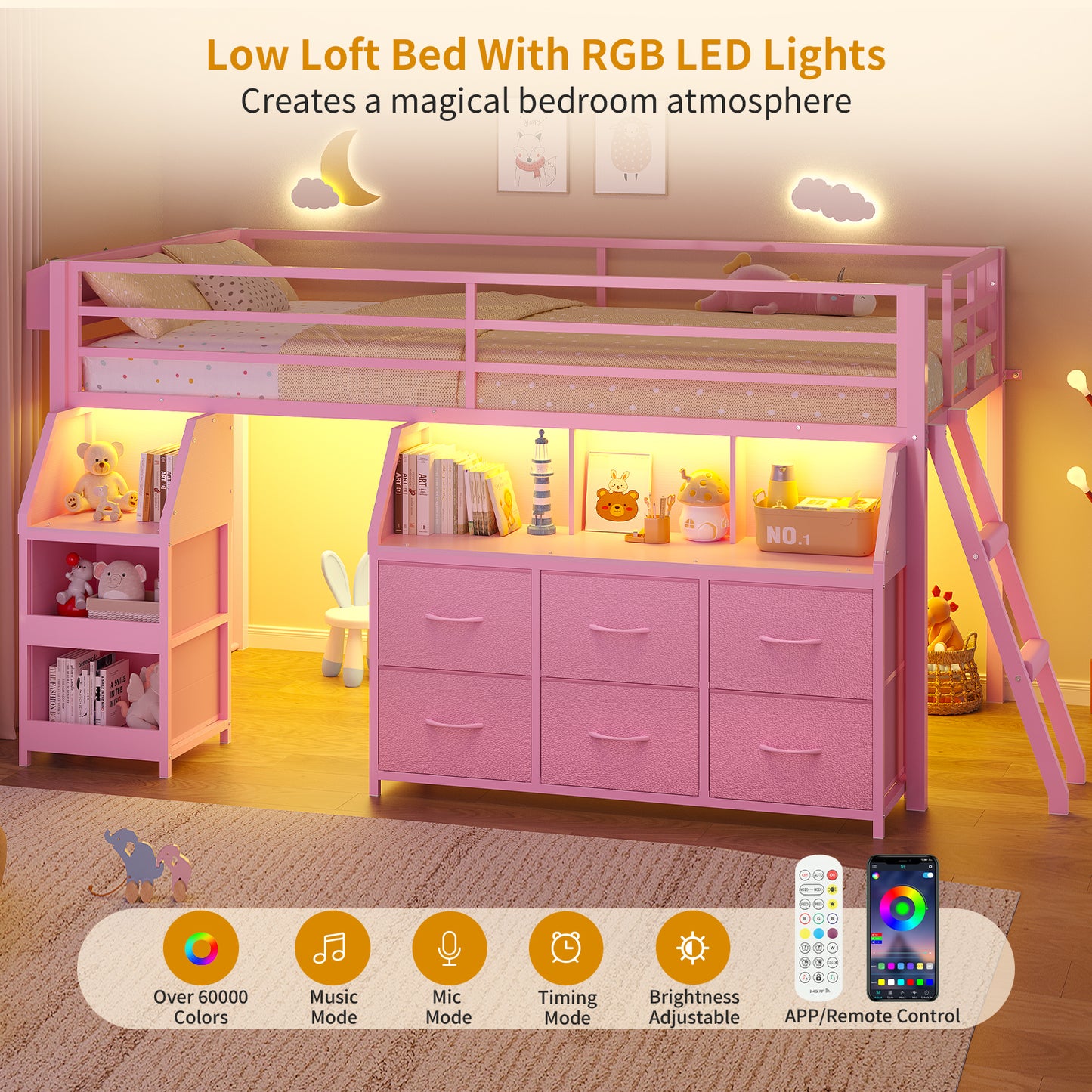ADORNEVE | Low Loft Bed Twin Size with Storage and Open Bookshelf LED Loft Bed for Kids with 6 Fabric Drawers and Full-Length Guardrail Under-Bed Fun Space