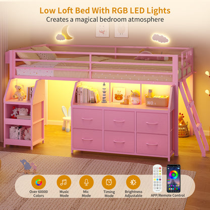ADORNEVE | Low Loft Bed Twin Size with Storage and Open Bookshelf LED Loft Bed for Kids with 6 Fabric Drawers and Full-Length Guardrail Under-Bed Fun Space