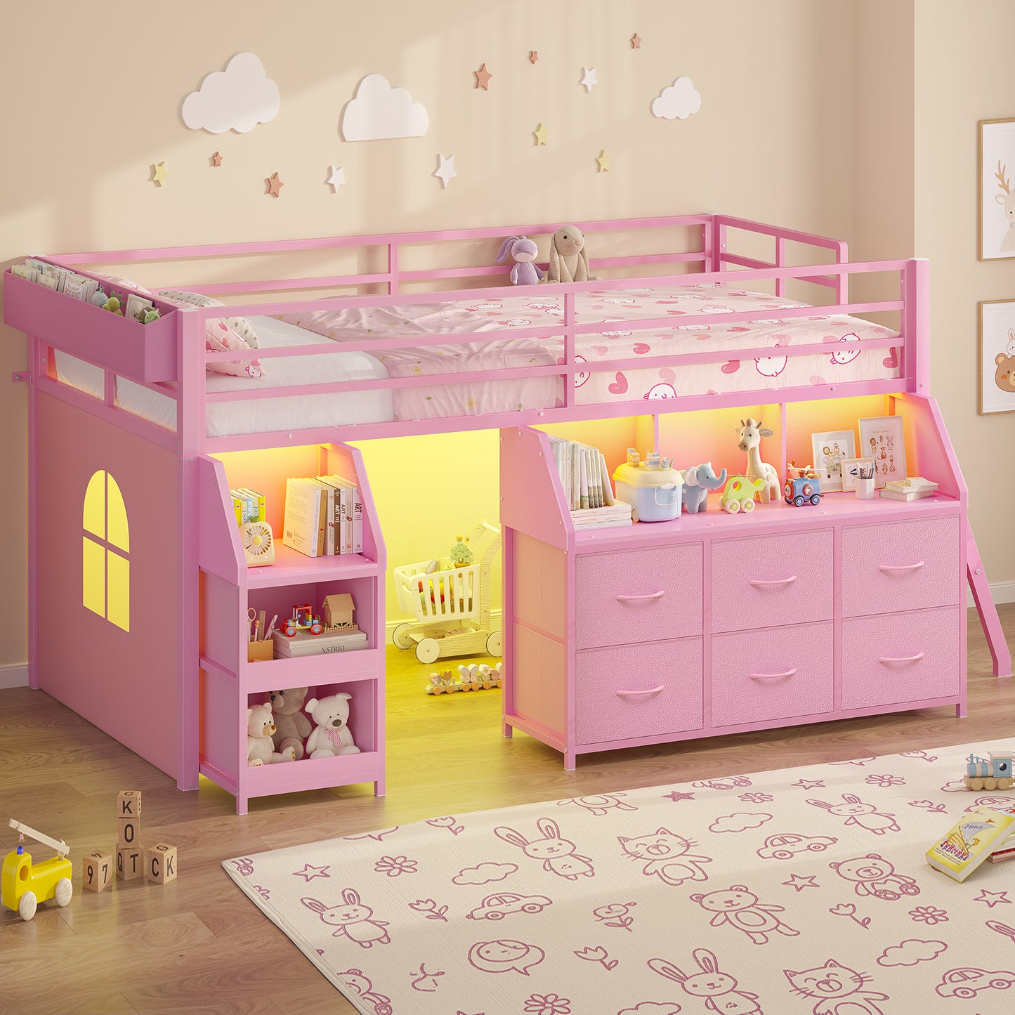 ADORNEVE | Low Loft Bed Twin Size with Storage and Open Bookshelf LED Loft Bed for Kids with 6 Fabric Drawers and Full-Length Guardrail Under-Bed Fun Space
