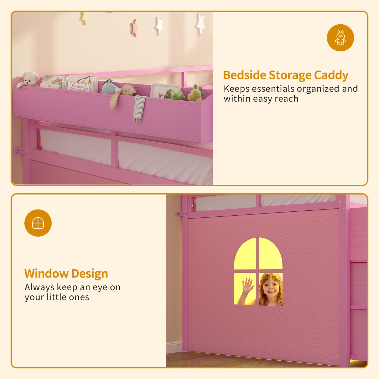 ADORNEVE | Low Loft Bed Twin Size with Storage and Open Bookshelf LED Loft Bed for Kids with 6 Fabric Drawers and Full-Length Guardrail Under-Bed Fun Space