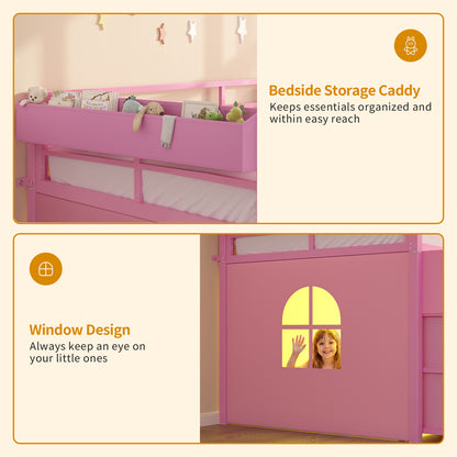 ADORNEVE | Low Loft Bed Twin Size with Storage and Open Bookshelf LED Loft Bed for Kids with 6 Fabric Drawers and Full-Length Guardrail Under-Bed Fun Space