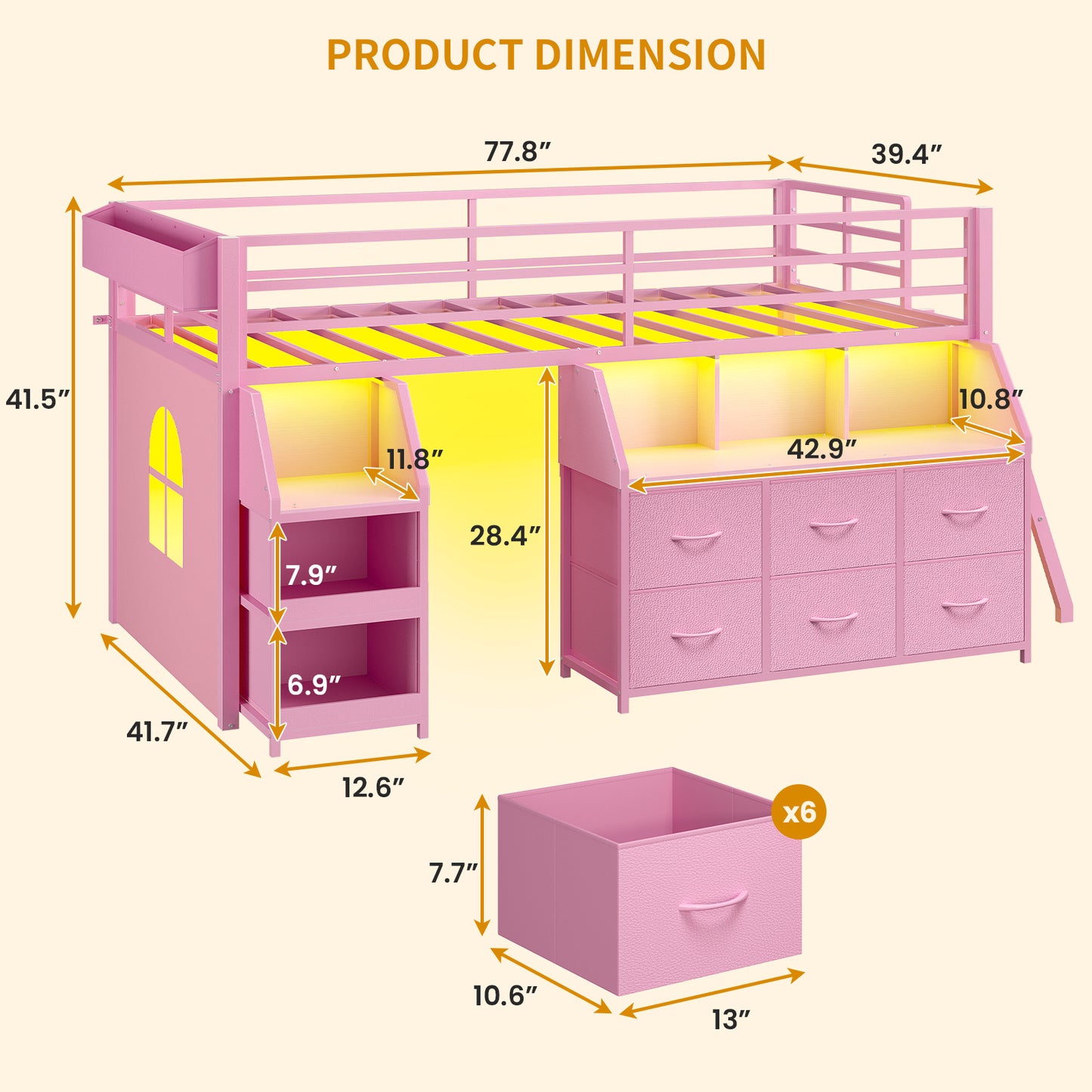 ADORNEVE | Low Loft Bed Twin Size with Storage and Open Bookshelf LED Loft Bed for Kids with 6 Fabric Drawers and Full-Length Guardrail Under-Bed Fun Space