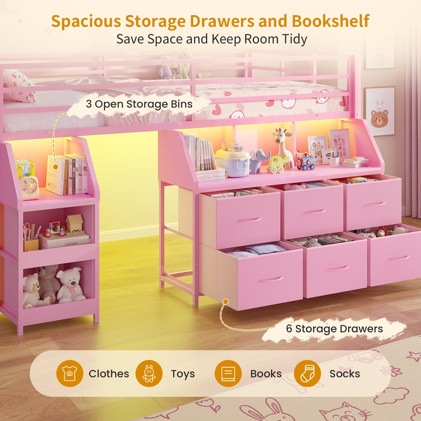 ADORNEVE | Low Loft Bed Twin Size with Storage and Open Bookshelf LED Loft Bed for Kids with 6 Fabric Drawers and Full-Length Guardrail Under-Bed Fun Space