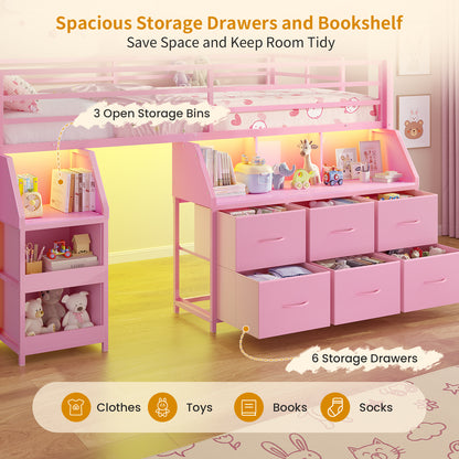 ADORNEVE | Low Loft Bed Twin Size with Storage and Open Bookshelf LED Loft Bed for Kids with 6 Fabric Drawers and Full-Length Guardrail Under-Bed Fun Space