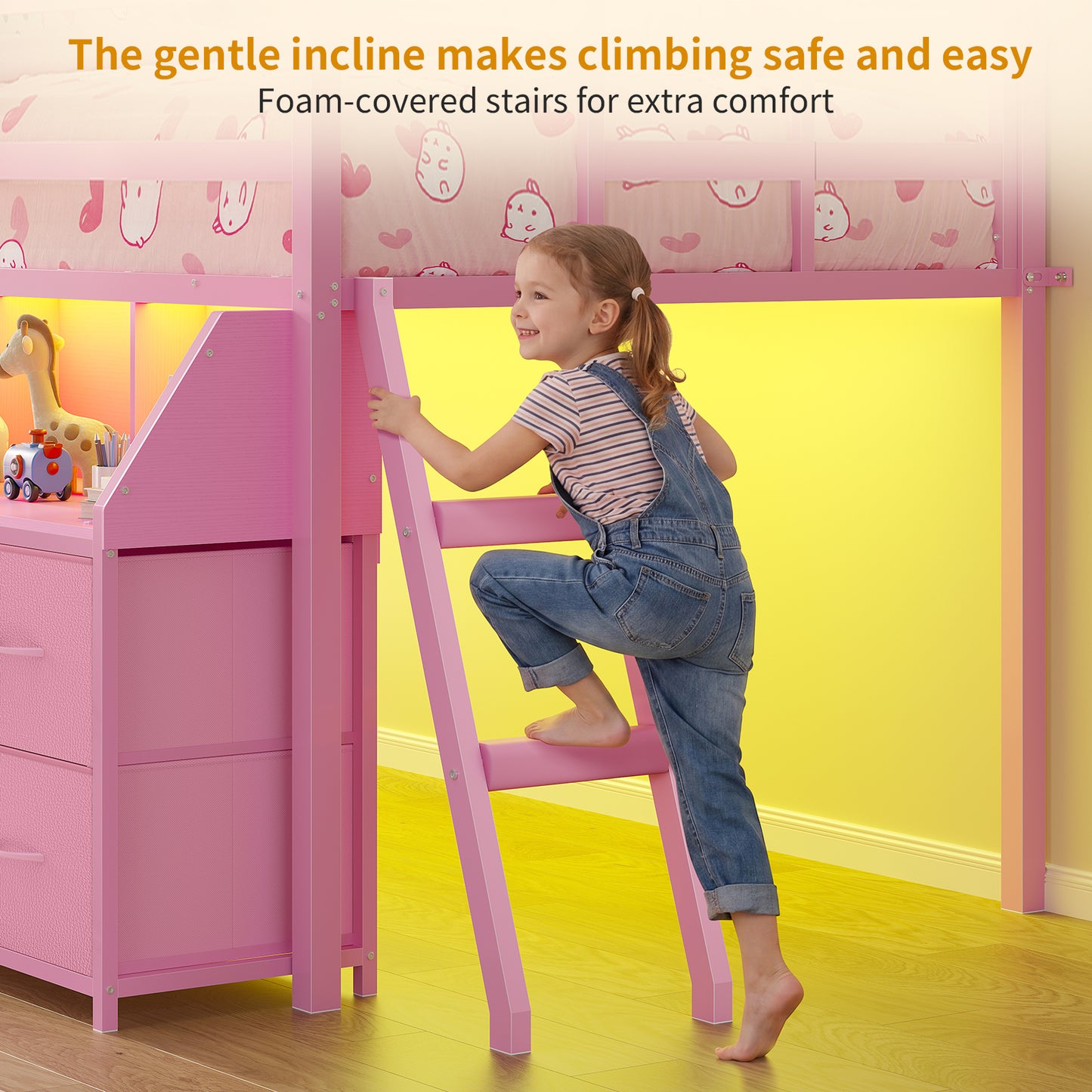 ADORNEVE | Low Loft Bed Twin Size with Storage and Open Bookshelf LED Loft Bed for Kids with 6 Fabric Drawers and Full-Length Guardrail Under-Bed Fun Space