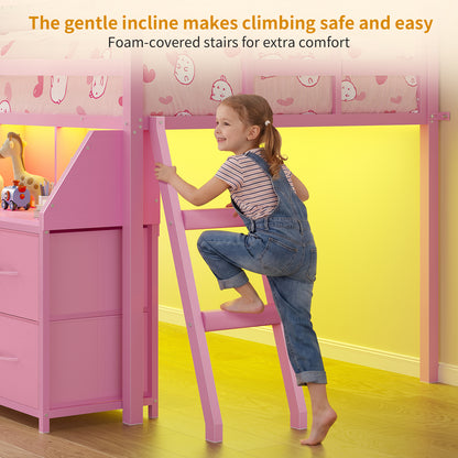 ADORNEVE | Low Loft Bed Twin Size with Storage and Open Bookshelf LED Loft Bed for Kids with 6 Fabric Drawers and Full-Length Guardrail Under-Bed Fun Space