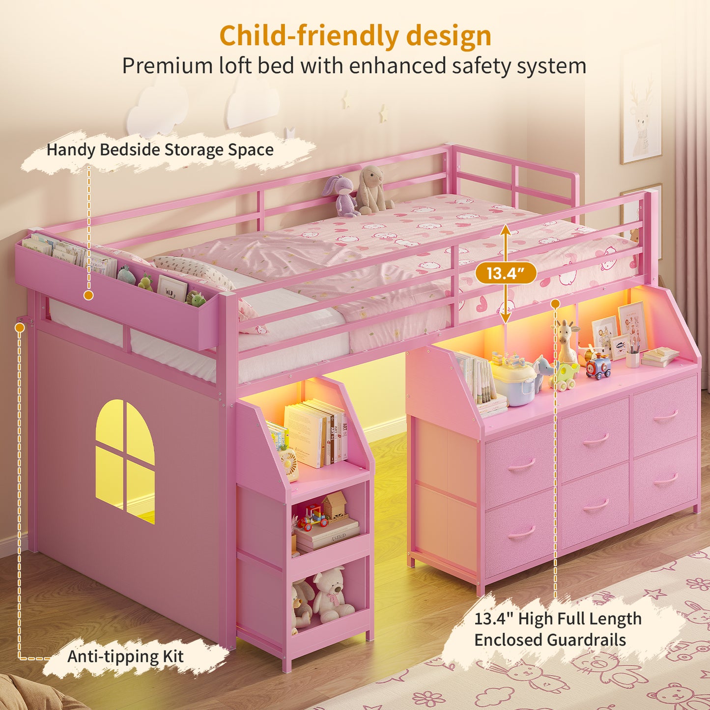 ADORNEVE | Low Loft Bed Twin Size with Storage and Open Bookshelf LED Loft Bed for Kids with 6 Fabric Drawers and Full-Length Guardrail Under-Bed Fun Space