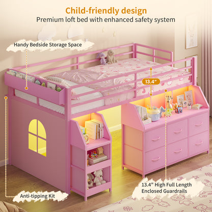 ADORNEVE | Low Loft Bed Twin Size with Storage and Open Bookshelf LED Loft Bed for Kids with 6 Fabric Drawers and Full-Length Guardrail Under-Bed Fun Space