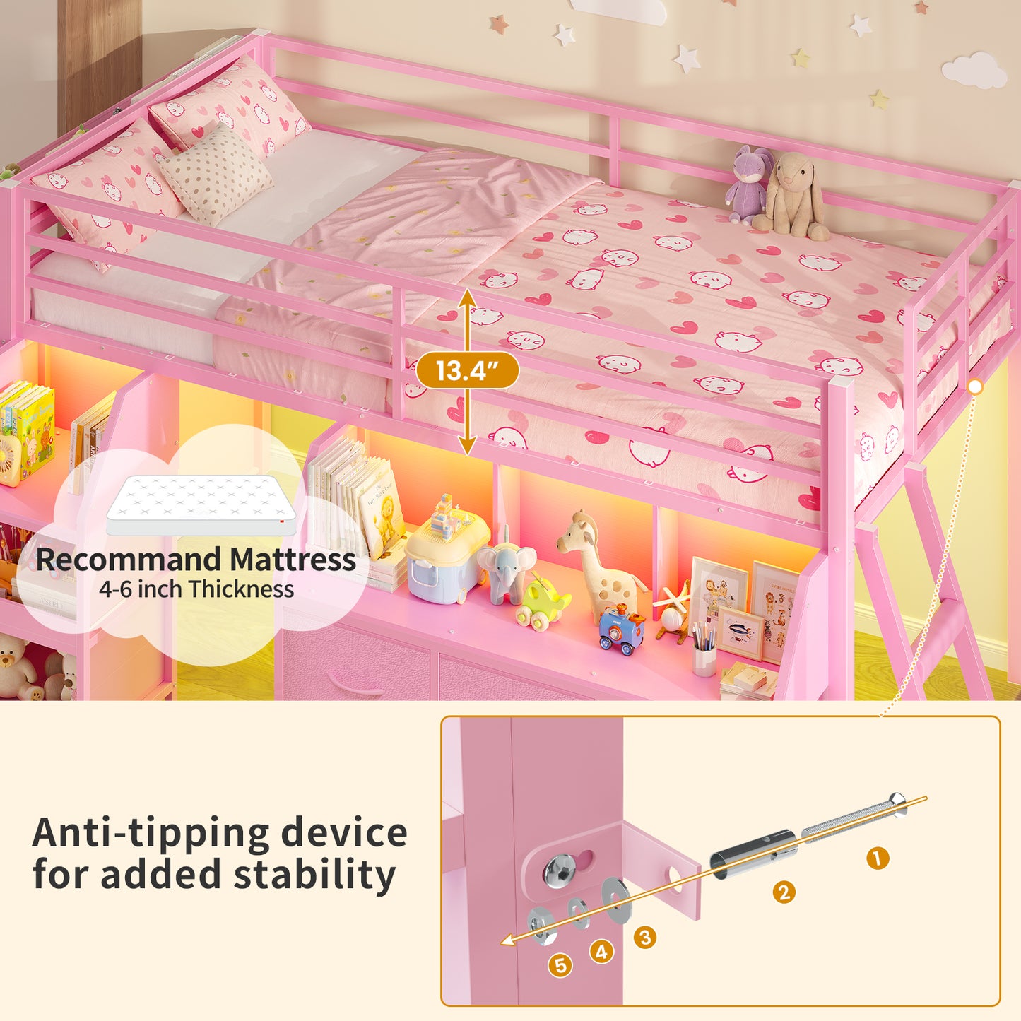 ADORNEVE | Low Loft Bed Twin Size with Storage and Open Bookshelf LED Loft Bed for Kids with 6 Fabric Drawers and Full-Length Guardrail Under-Bed Fun Space