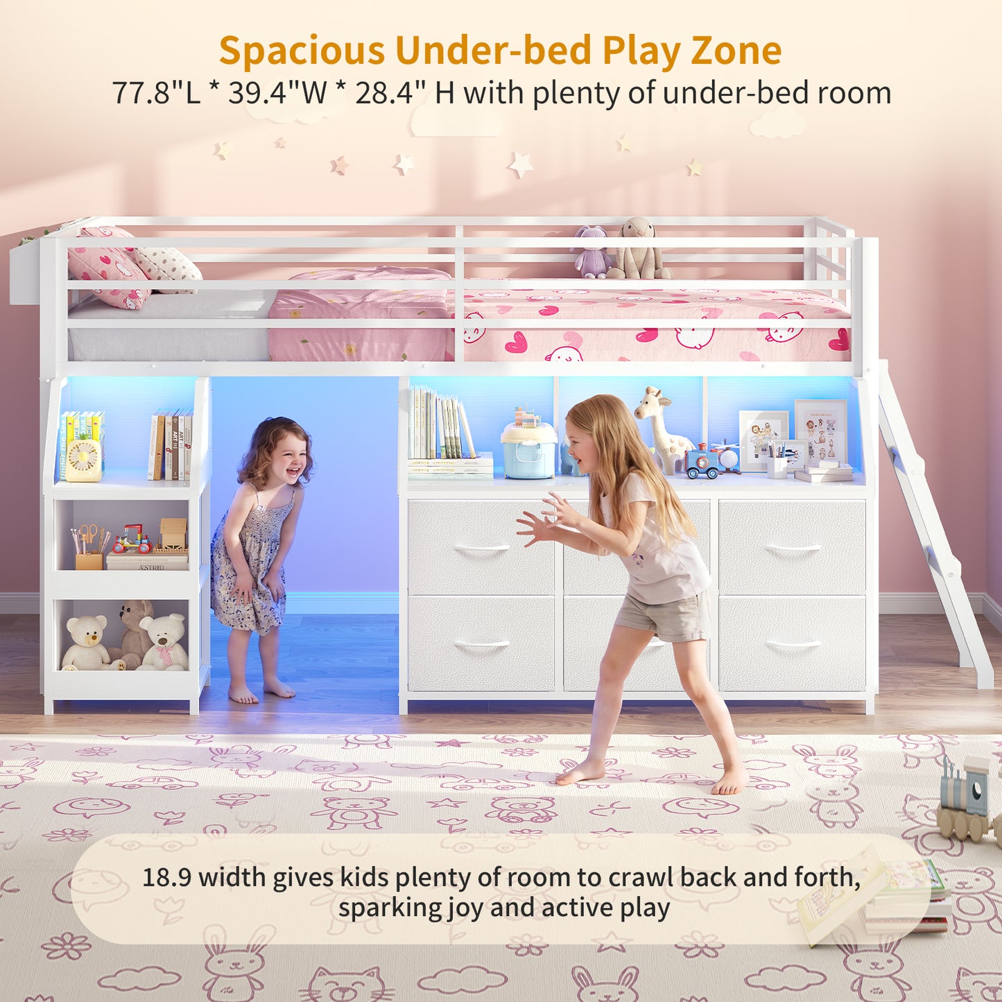 ADORNEVE | Low Loft Bed Twin Size with Storage and Open Bookshelf LED Loft Bed for Kids with 6 Fabric Drawers and Full-Length Guardrail Under-Bed Fun Space