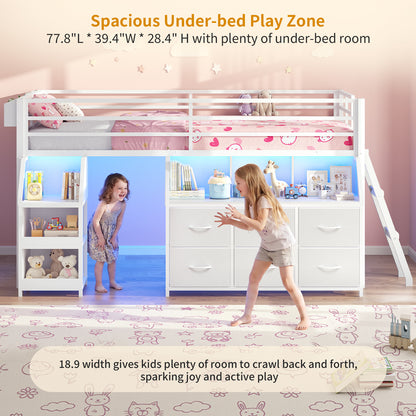 ADORNEVE | Low Loft Bed Twin Size with Storage and Open Bookshelf LED Loft Bed for Kids with 6 Fabric Drawers and Full-Length Guardrail Under-Bed Fun Space