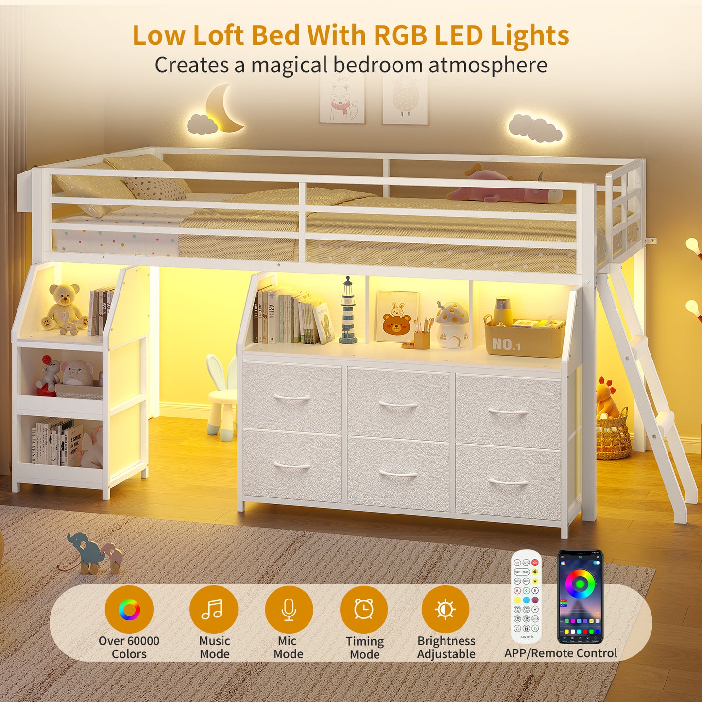 ADORNEVE | Low Loft Bed Twin Size with Storage and Open Bookshelf LED Loft Bed for Kids with 6 Fabric Drawers and Full-Length Guardrail Under-Bed Fun Space