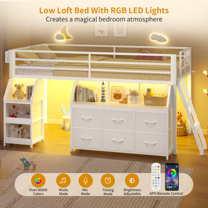 ADORNEVE | Low Loft Bed Twin Size with Storage and Open Bookshelf LED Loft Bed for Kids with 6 Fabric Drawers and Full-Length Guardrail Under-Bed Fun Space