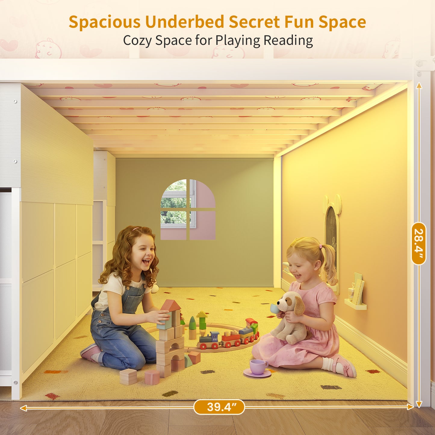 ADORNEVE | Low Loft Bed Twin Size with Storage and Open Bookshelf LED Loft Bed for Kids with 6 Fabric Drawers and Full-Length Guardrail Under-Bed Fun Space