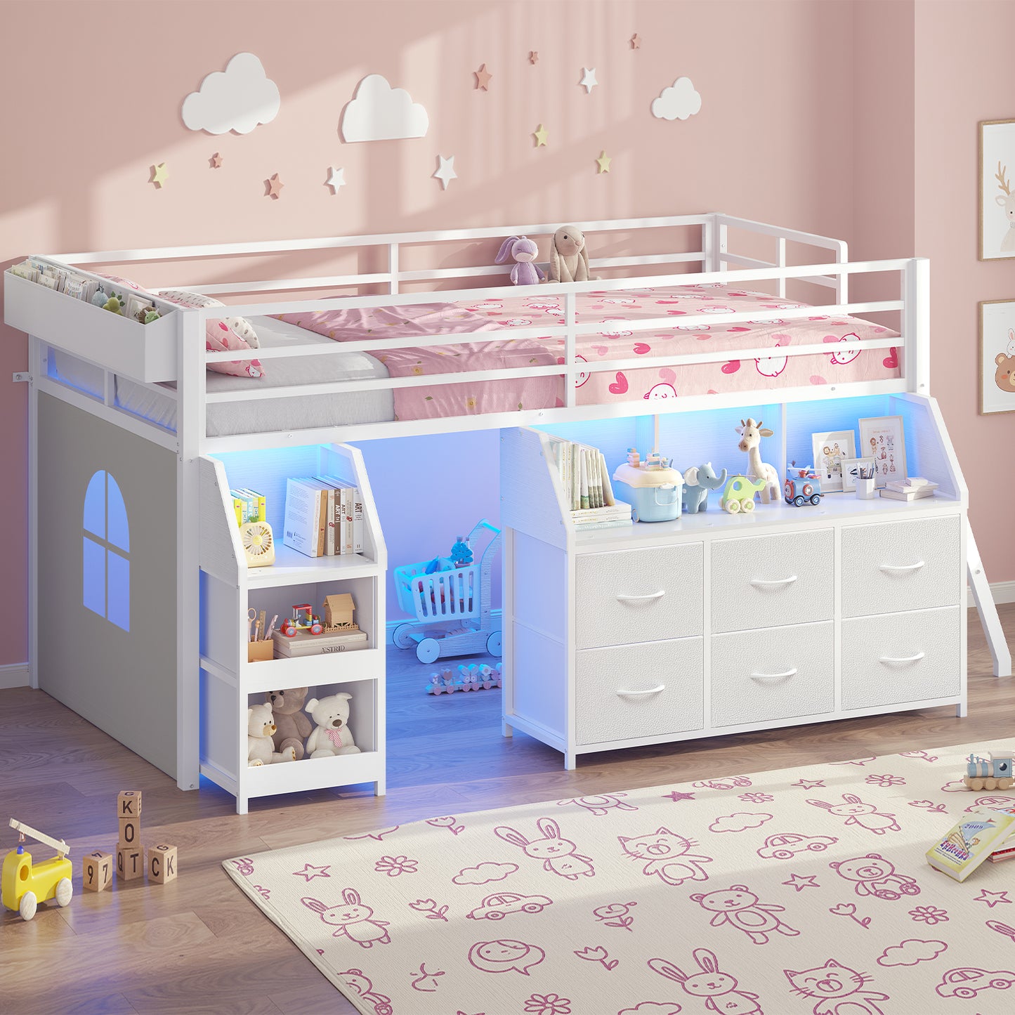 ADORNEVE | Low Loft Bed Twin Size with Storage and Open Bookshelf LED Loft Bed for Kids with 6 Fabric Drawers and Full-Length Guardrail Under-Bed Fun Space