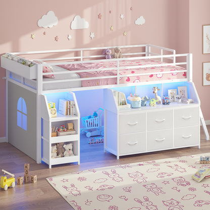 ADORNEVE | Low Loft Bed Twin Size with Storage and Open Bookshelf LED Loft Bed for Kids with 6 Fabric Drawers and Full-Length Guardrail Under-Bed Fun Space