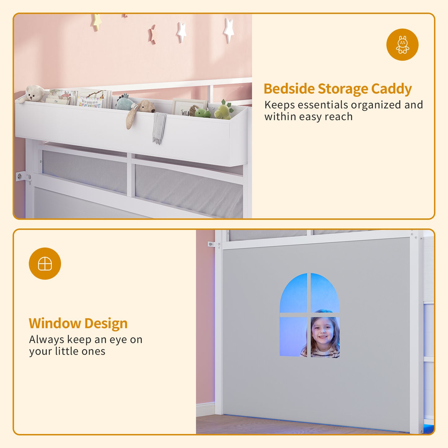 ADORNEVE | Low Loft Bed Twin Size with Storage and Open Bookshelf LED Loft Bed for Kids with 6 Fabric Drawers and Full-Length Guardrail Under-Bed Fun Space