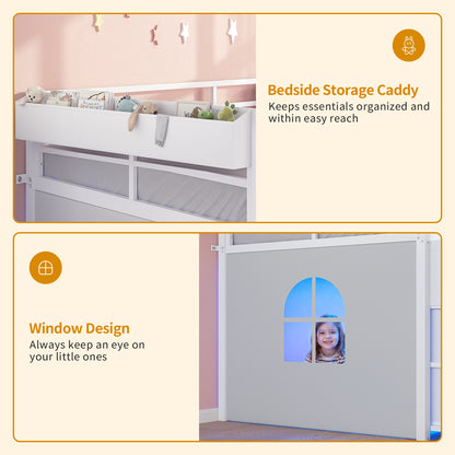 ADORNEVE | Low Loft Bed Twin Size with Storage and Open Bookshelf LED Loft Bed for Kids with 6 Fabric Drawers and Full-Length Guardrail Under-Bed Fun Space