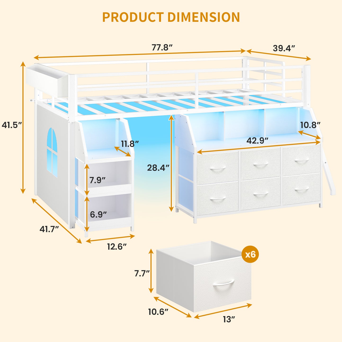 ADORNEVE | Low Loft Bed Twin Size with Storage and Open Bookshelf LED Loft Bed for Kids with 6 Fabric Drawers and Full-Length Guardrail Under-Bed Fun Space