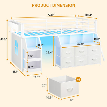 ADORNEVE | Low Loft Bed Twin Size with Storage and Open Bookshelf LED Loft Bed for Kids with 6 Fabric Drawers and Full-Length Guardrail Under-Bed Fun Space
