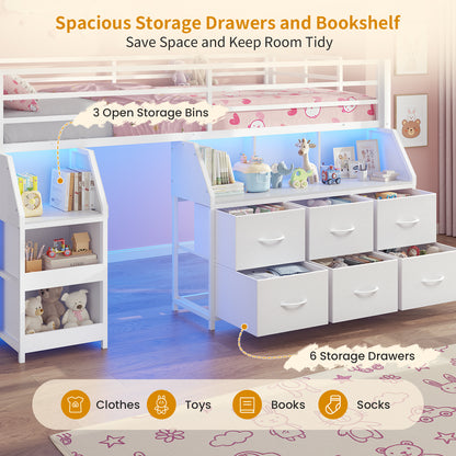 ADORNEVE | Low Loft Bed Twin Size with Storage and Open Bookshelf LED Loft Bed for Kids with 6 Fabric Drawers and Full-Length Guardrail Under-Bed Fun Space