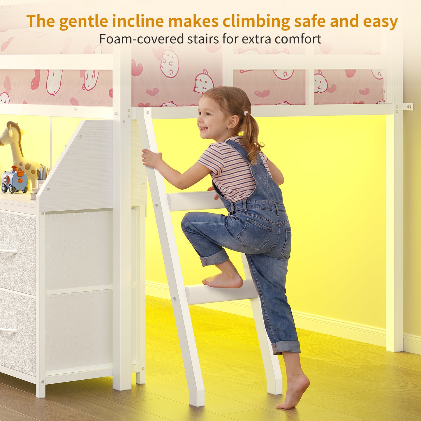 ADORNEVE | Low Loft Bed Twin Size with Storage and Open Bookshelf LED Loft Bed for Kids with 6 Fabric Drawers and Full-Length Guardrail Under-Bed Fun Space