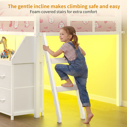 ADORNEVE | Low Loft Bed Twin Size with Storage and Open Bookshelf LED Loft Bed for Kids with 6 Fabric Drawers and Full-Length Guardrail Under-Bed Fun Space