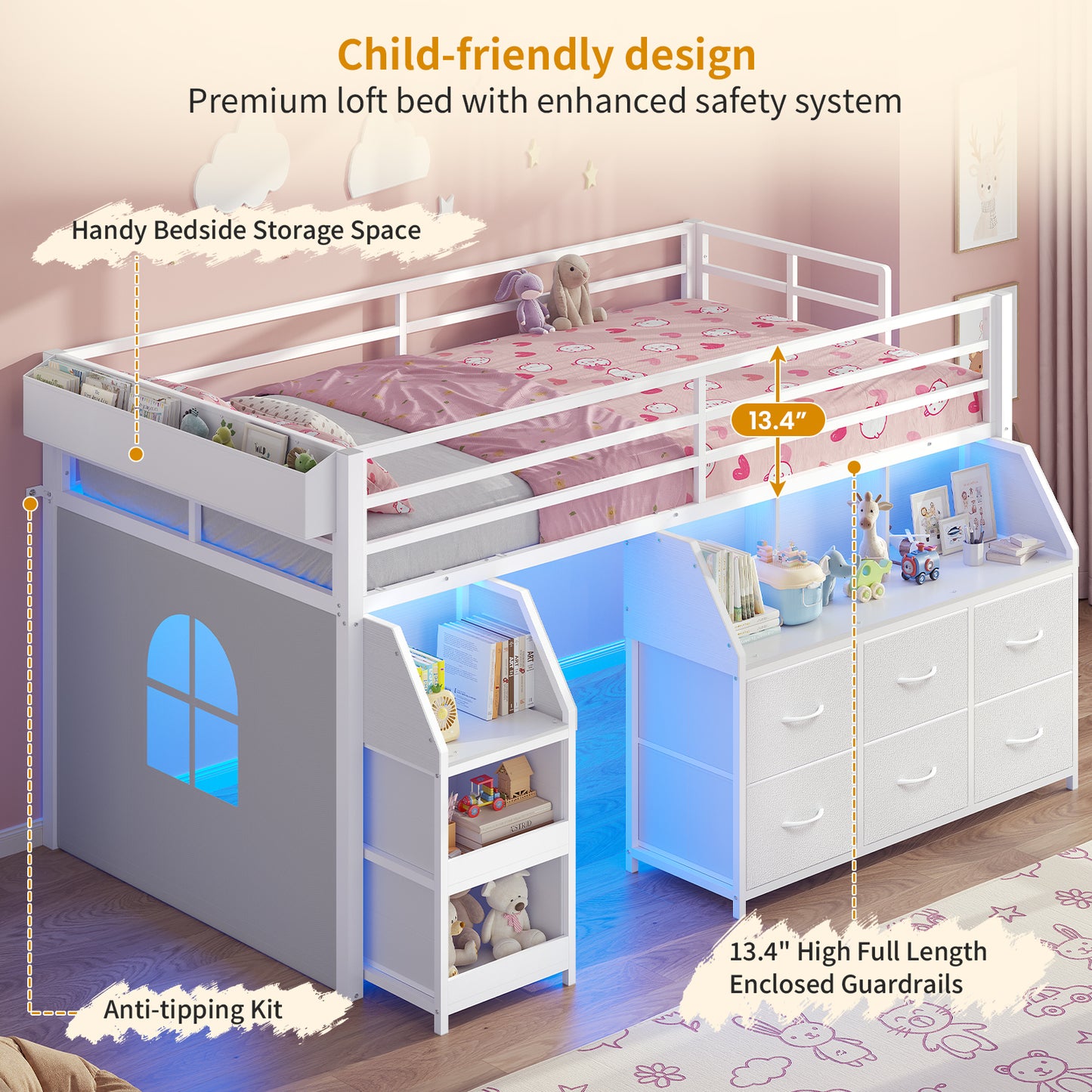 ADORNEVE | Low Loft Bed Twin Size with Storage and Open Bookshelf LED Loft Bed for Kids with 6 Fabric Drawers and Full-Length Guardrail Under-Bed Fun Space