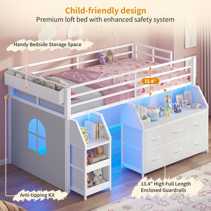 ADORNEVE | Low Loft Bed Twin Size with Storage and Open Bookshelf LED Loft Bed for Kids with 6 Fabric Drawers and Full-Length Guardrail Under-Bed Fun Space