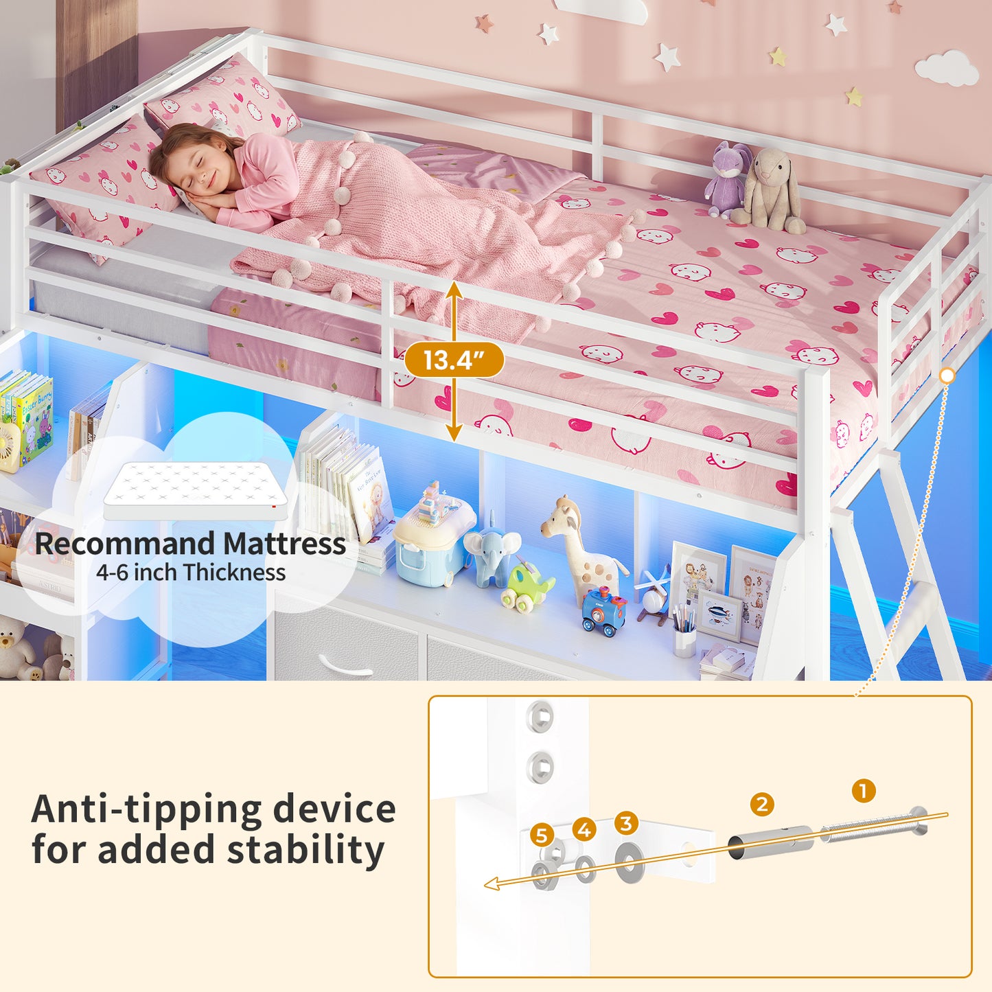 ADORNEVE | Low Loft Bed Twin Size with Storage and Open Bookshelf LED Loft Bed for Kids with 6 Fabric Drawers and Full-Length Guardrail Under-Bed Fun Space