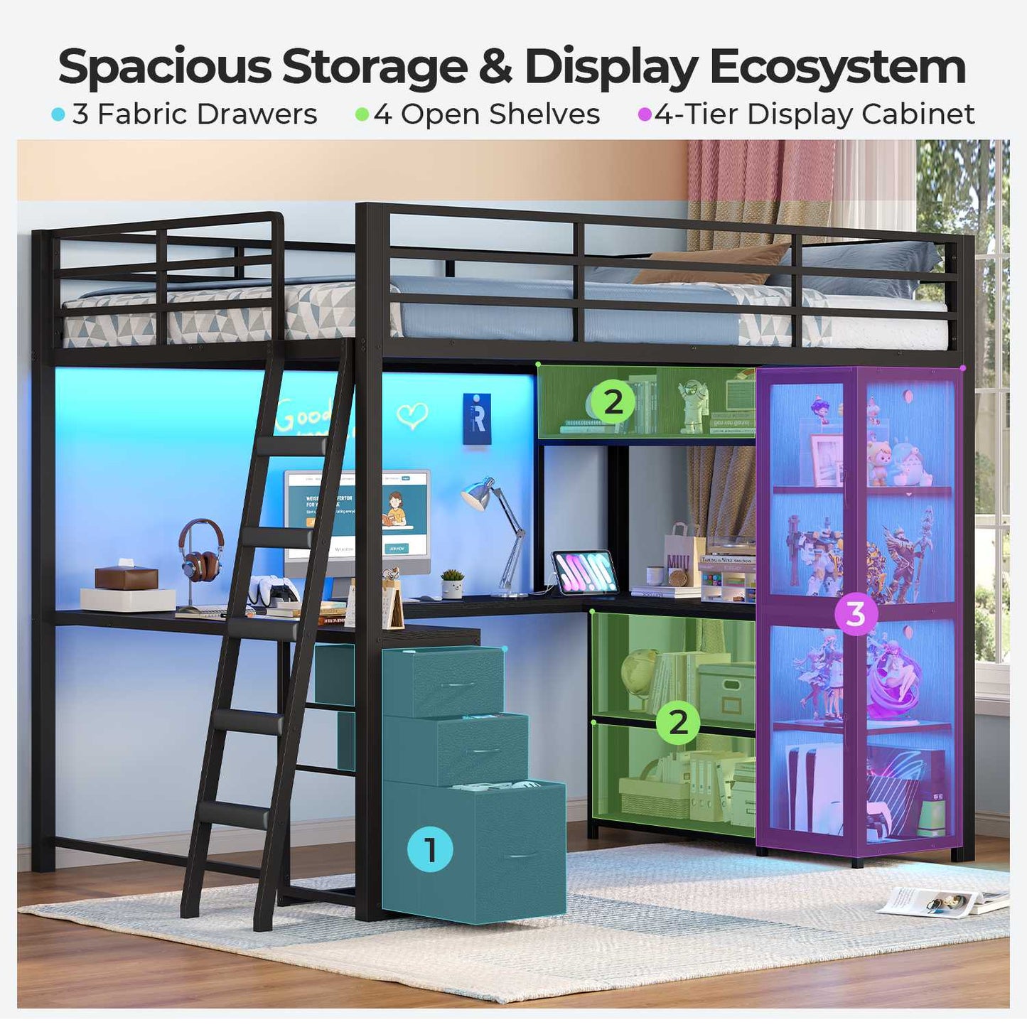 ADORNEVE Gaming Loft Bed Full Size with U Shape Desk and Display Cabinet Metal LED Loft Bed with Power Outlet and 3 Drawers 4 Shelves