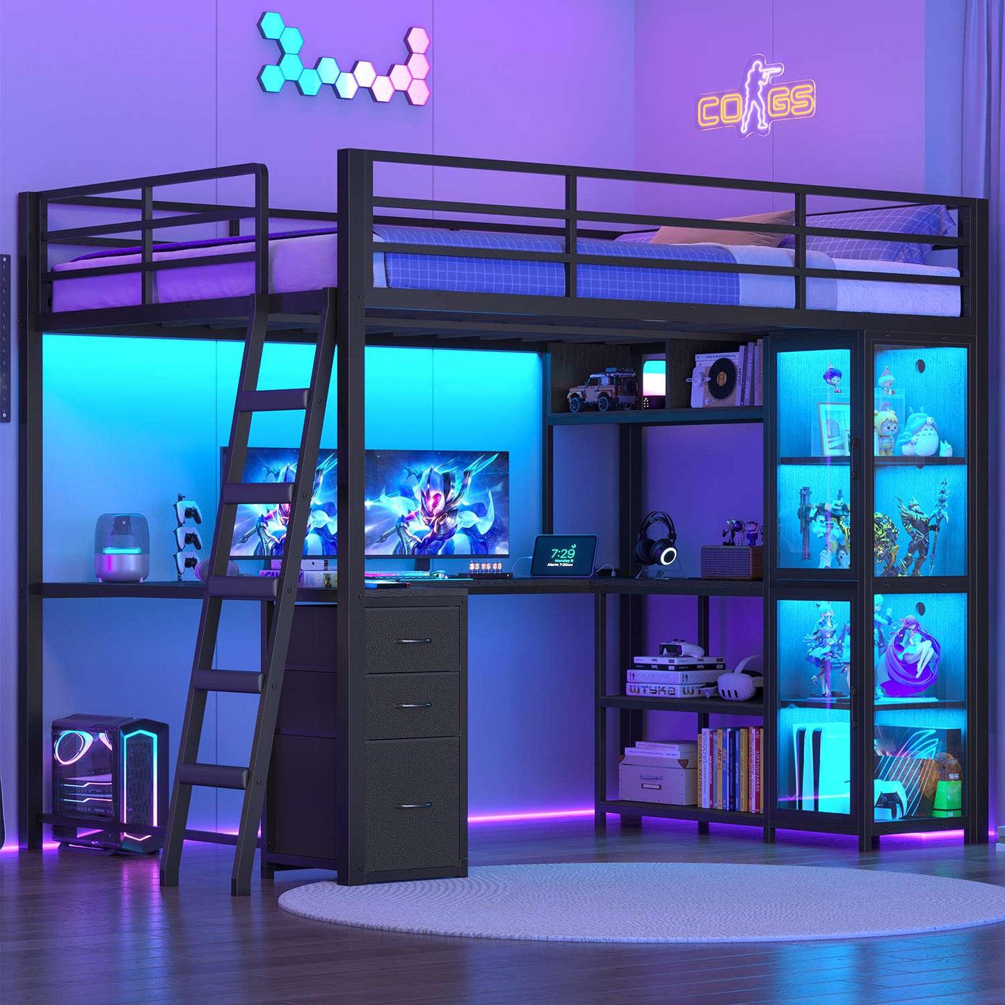 ADORNEVE Gaming Loft Bed Full Size with U Shape Desk and Display Cabinet Metal LED Loft Bed with Power Outlet and 3 Drawers 4 Shelves
