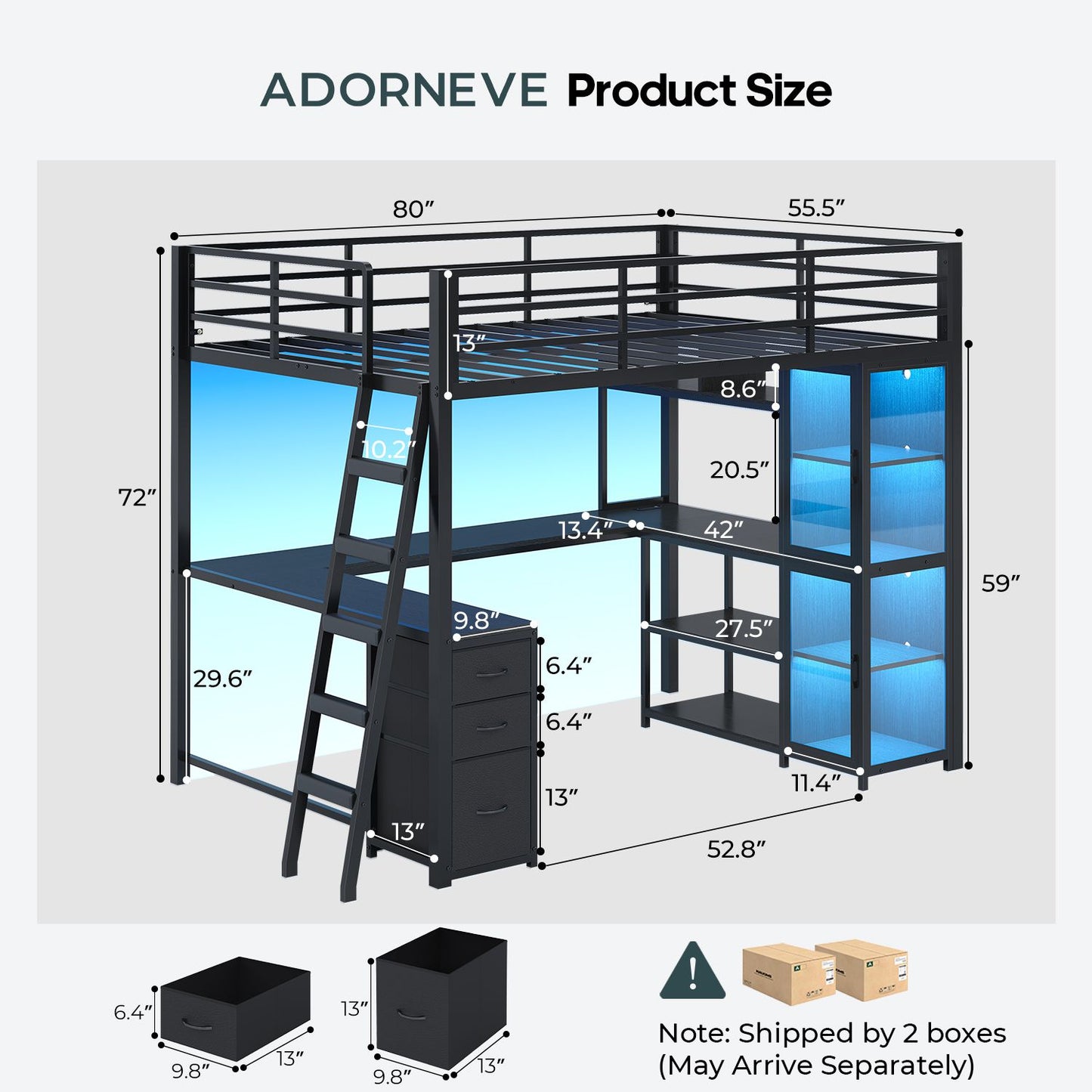 ADORNEVE Gaming Loft Bed Full Size with U Shape Desk and Display Cabinet Metal LED Loft Bed with Power Outlet and 3 Drawers 4 Shelves