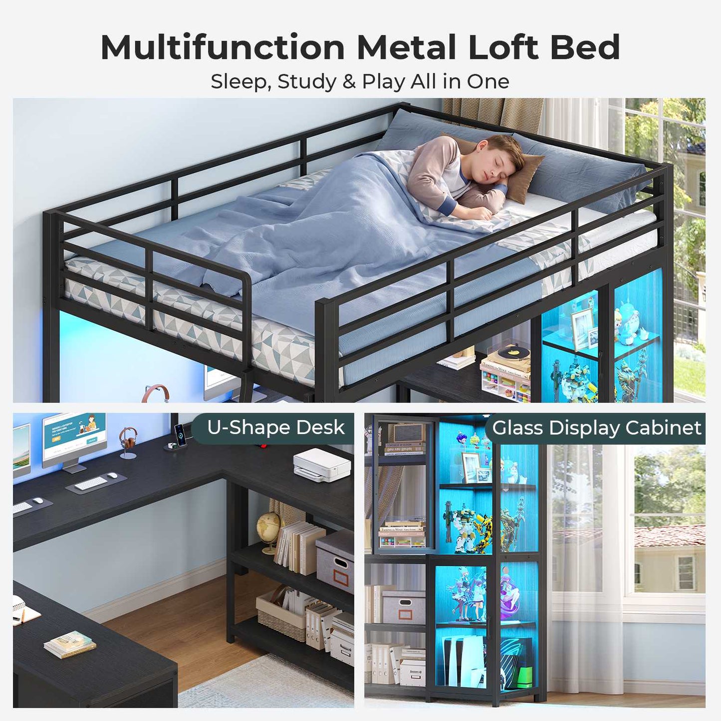 ADORNEVE Gaming Loft Bed Full Size with U Shape Desk and Display Cabinet Metal LED Loft Bed with Power Outlet and 3 Drawers 4 Shelves