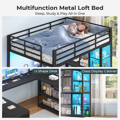 ADORNEVE Gaming Loft Bed Full Size with U Shape Desk and Display Cabinet Metal LED Loft Bed with Power Outlet and 3 Drawers 4 Shelves