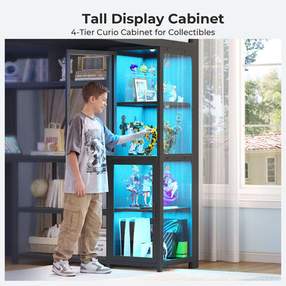 ADORNEVE Gaming Loft Bed Full Size with U Shape Desk and Display Cabinet Metal LED Loft Bed with Power Outlet and 3 Drawers 4 Shelves