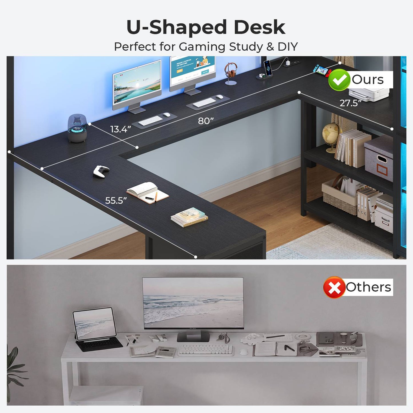 ADORNEVE Gaming Loft Bed Full Size with U Shape Desk and Display Cabinet Metal LED Loft Bed with Power Outlet and 3 Drawers 4 Shelves