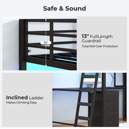 ADORNEVE Gaming Loft Bed Full Size with U Shape Desk and Display Cabinet Metal LED Loft Bed with Power Outlet and 3 Drawers 4 Shelves