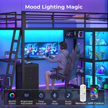 ADORNEVE Gaming Loft Bed Full Size with U Shape Desk and Display Cabinet Metal LED Loft Bed with Power Outlet and 3 Drawers 4 Shelves