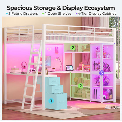 ADORNEVE Gaming Loft Bed Full Size with U Shape Desk and Display Cabinet Metal LED Loft Bed with Power Outlet and 3 Drawers 4 Shelves