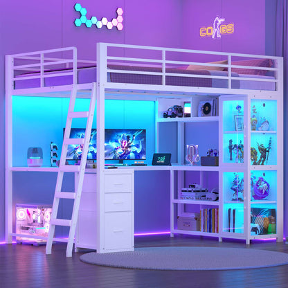 ADORNEVE Gaming Loft Bed Full Size with U Shape Desk and Display Cabinet Metal LED Loft Bed with Power Outlet and 3 Drawers 4 Shelves