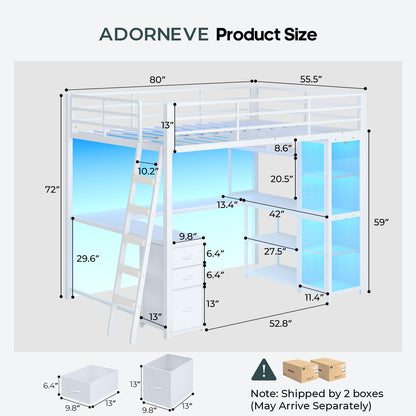 ADORNEVE Gaming Loft Bed Full Size with U Shape Desk and Display Cabinet Metal LED Loft Bed with Power Outlet and 3 Drawers 4 Shelves