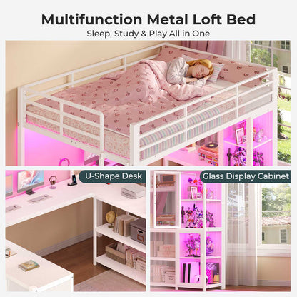 ADORNEVE Gaming Loft Bed Full Size with U Shape Desk and Display Cabinet Metal LED Loft Bed with Power Outlet and 3 Drawers 4 Shelves