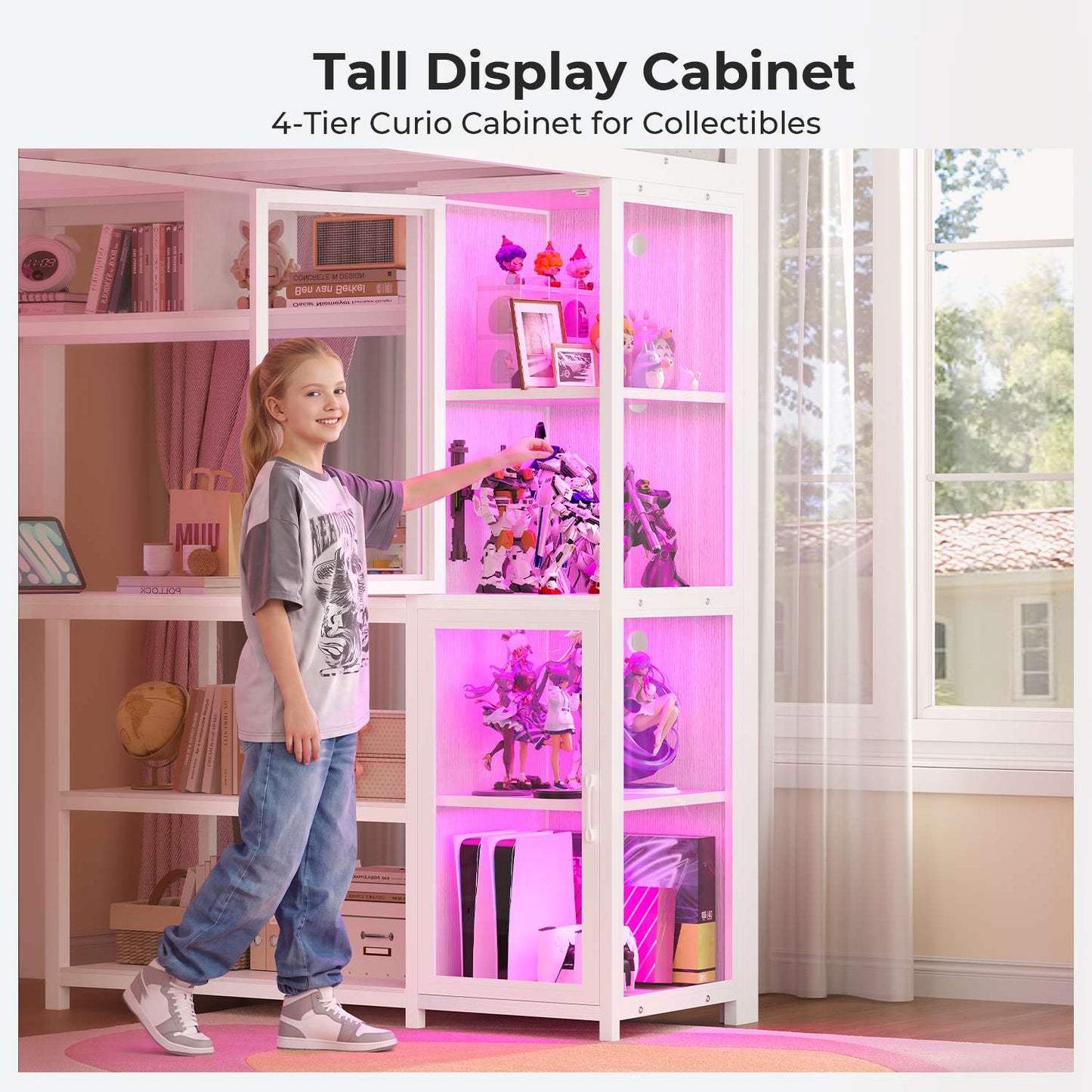 ADORNEVE Gaming Loft Bed Full Size with U Shape Desk and Display Cabinet Metal LED Loft Bed with Power Outlet and 3 Drawers 4 Shelves