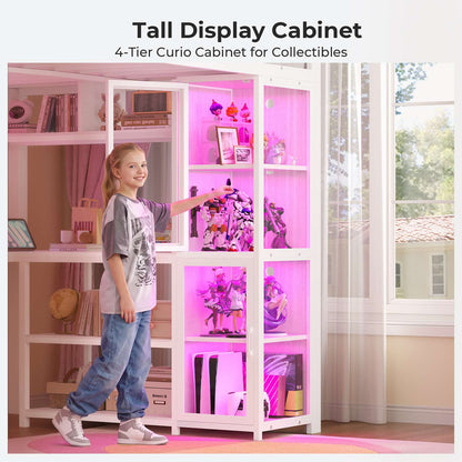 ADORNEVE Gaming Loft Bed Full Size with U Shape Desk and Display Cabinet Metal LED Loft Bed with Power Outlet and 3 Drawers 4 Shelves